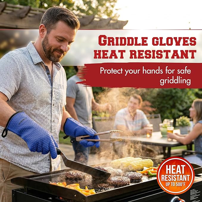 KITCHEN PERFECTION Silicone Oven & Griddle Gloves -Extreme Heat Resistant BBQ & Grilling Gloves -Handle Hot Food Right on Your Griddle |Waterproof Oven Mitts Grill Gloves |Superior Set+3 Bonuses