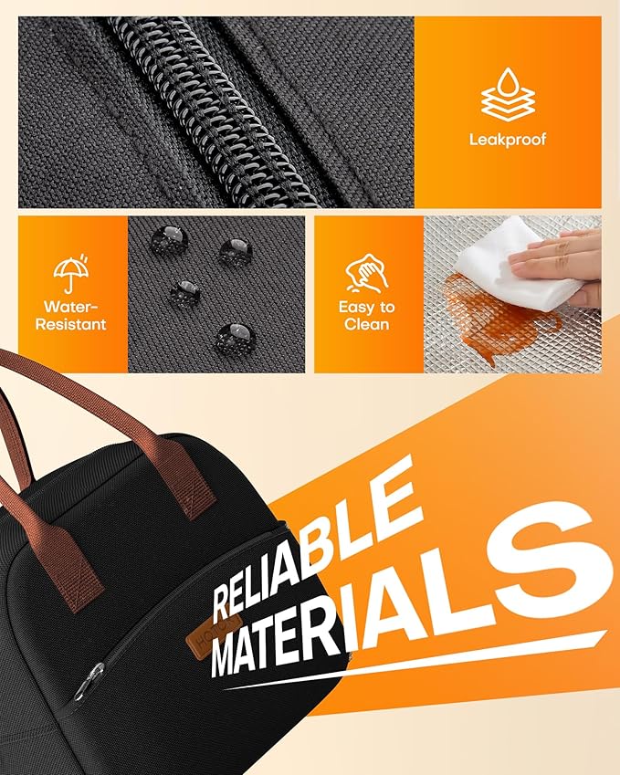 HOTOR Lunch Bag for Women & Men - Wear-Resistant Insulated Lunch Box with Large Capacity, Multi-Functional Cooler Bag for Office, Picnic, Black, 12L, 12.20" x 6.30" x 10.20"