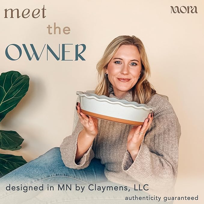 Mora Deep Fluted Ceramic Pie Dish for Apple Pie, Quiche, Tart - 9 inch - Modern Farmhouse Style Porcelain - Earl Grey