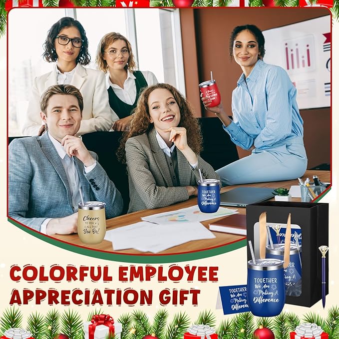 Patelai 30 Pcs 2026 Team Appreciation Gift Set for Team 12oz Stainless Steel Coffee Mug Christmas Cups with Lid and Straw Pens Card Gift Bags Set for Employees Party Supplies