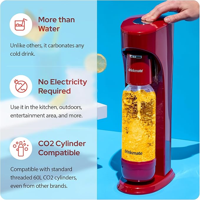 Drinkmate OmniFizz Sparkling Water Maker & Soda Streaming Machine | Carbonates Any Drink | SPECIAL BUNDLE | Includes 60L CO2 Cartridge + Two BPA-Free Bottles (Royal Red)