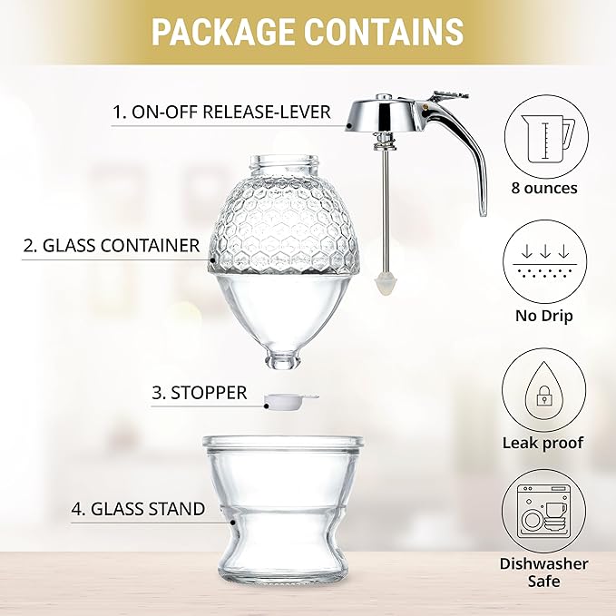 PAULSWAY Stainless Steel Shaft, Glass Honey Dispenser, Sleek Silver ABS Lid – No Drip Glass with Stand – 8 oz Honey Jar – Honeycomb Design Container – Honey Pot for Honey, Maple Syrup