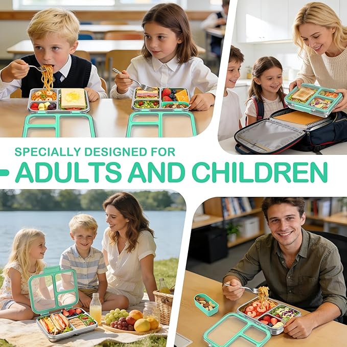 BABHAMNESS Stainless Steel Bento Lunch Box for Kids Adults, 3 Compartments Metal Bento Box with Transparent Lid & Silicone Container for Kids,Dishwasher-Safe,School & Travel,BPA-Free(Blue)