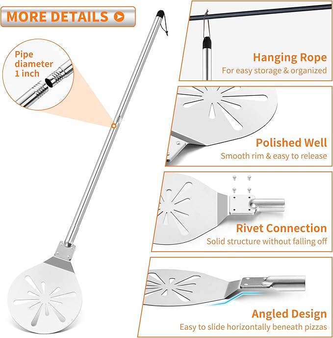 Stainless Steel Pizza Turning Peel 9-Inch, HaSteeL Round Pizza Turner Paddle, Perfortaed Pizza Spinner Spatula with Long Detachable Handle, Dishwasher & Oven Safe