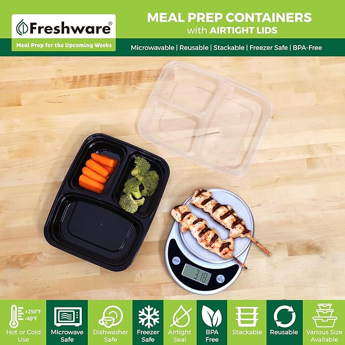 Freshware Bento Box Meal Prep Containers, 3-Compartment, 32 ounce, 15-Pack