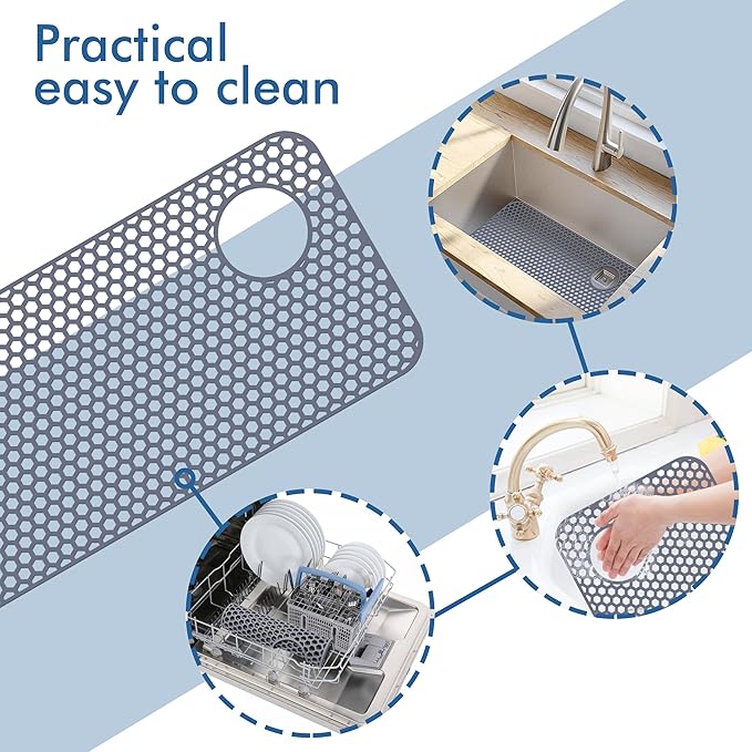 Bestjing Silicone Sink Protectors for Kitchen Sink - 28.4"x 14.3" Kitchen Protector Accessory, Non-Slip Heat Resistant Mat for Bottom of Farmhouse Porcelain Stainless Steel (Top Right Drain Hole,Gray)