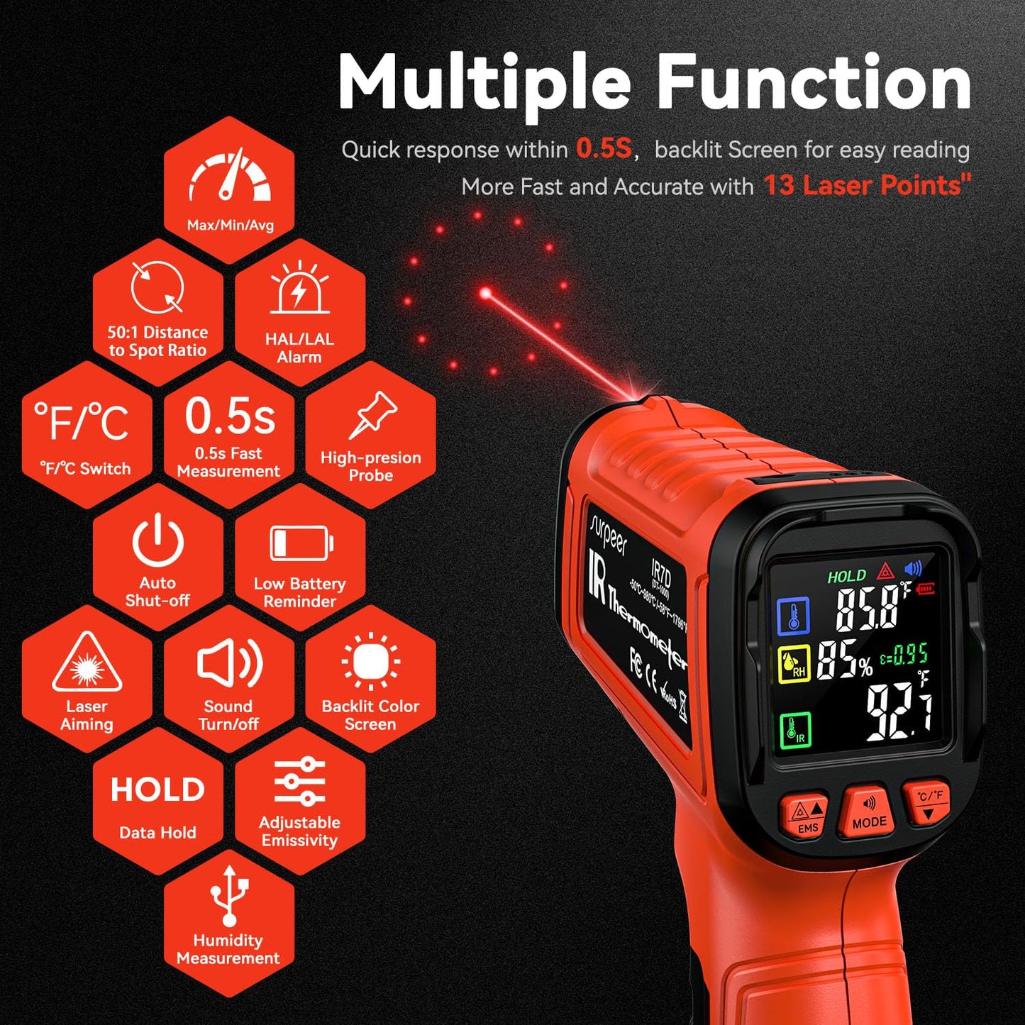 '-58°F to 2732°F Infrared Thermometer IR Laser Gun 50:1, Digital Temperature Gun/K-Type Probe -4°F~932°F, Humidity Sensor, High-Temp Pyrometer for Kiln, Forge, Furnace, Industrial Use