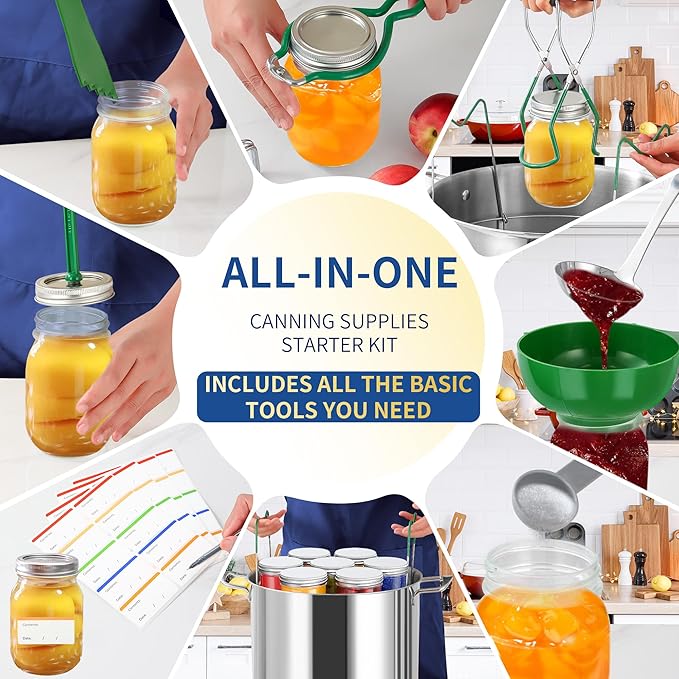 Canning Supplies Starter Kit,Canning Kit for Beginners of 9 with Jar Lifter，Wide Mouth Funnel,Wrench,Tongs,Lid Lifter,Bubble Popper,Canning Labels,ladle,Measuring Spoon-Deep Green