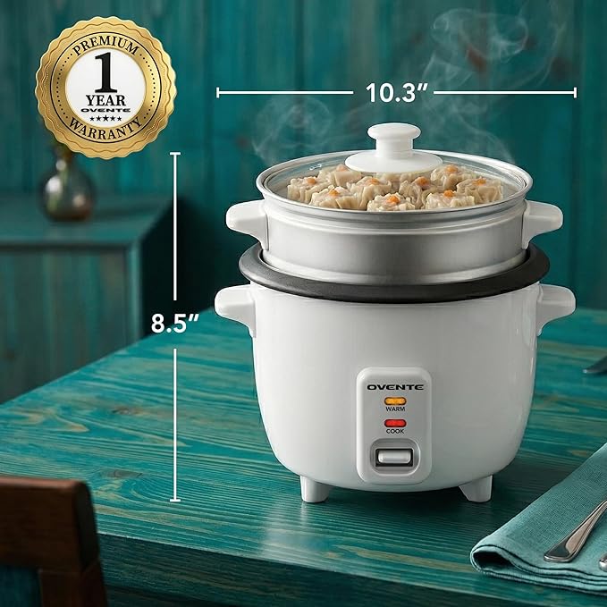 OVENTE Electric Rice Cooker and Food Steamer – 10-Cup Cooked Capacity (5 Cups Uncooked), Nonstick Removable Pot, Keep Warm Function, Steaming Basket, Measuring Cup & Spatula Included, White RCS01W