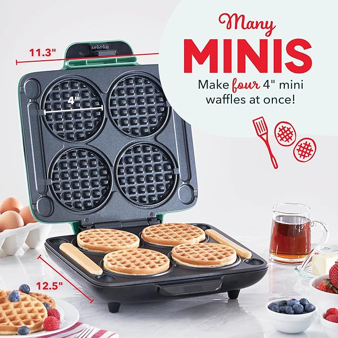 Dash Multi Mini Waffle Maker- Quad Waffle Maker for Family Breakfasts - Dual Nonstick Heating Plates & Easy-Release Surface - Compact & Fast-Heating - Aqua