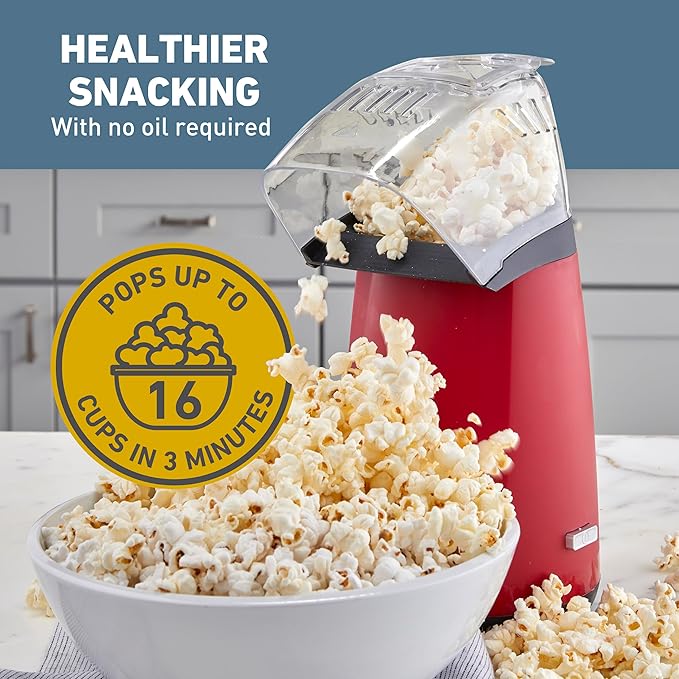 West Bend Air Crazy Series Hot Air Oil-Free Popcorn Popper Machine Features One-Touch Operation with Built-In Measuring Cup and On-Board Cord Storage, 4-Quart, in Red