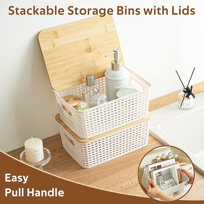 8 Pack Plastic Storage Bins with Bamboo Lids - Stackable Storage Baskets with Handle for Pantry Organizer and Storage, Plastic Containers Bins Lidded Storage Bins for Classroom Office Shelves