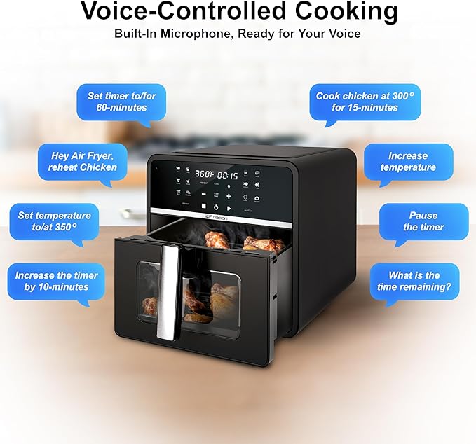 Emerson SmartVoice 10QT 6-in-1 Air Fryer, 1000+ Voice Control Commands, 100+ Recognized Food, No APP, No WIFI, No Setup, Nonstick Basket, Air Fry, Bake, Reheat, Dehydrate, 1700W
