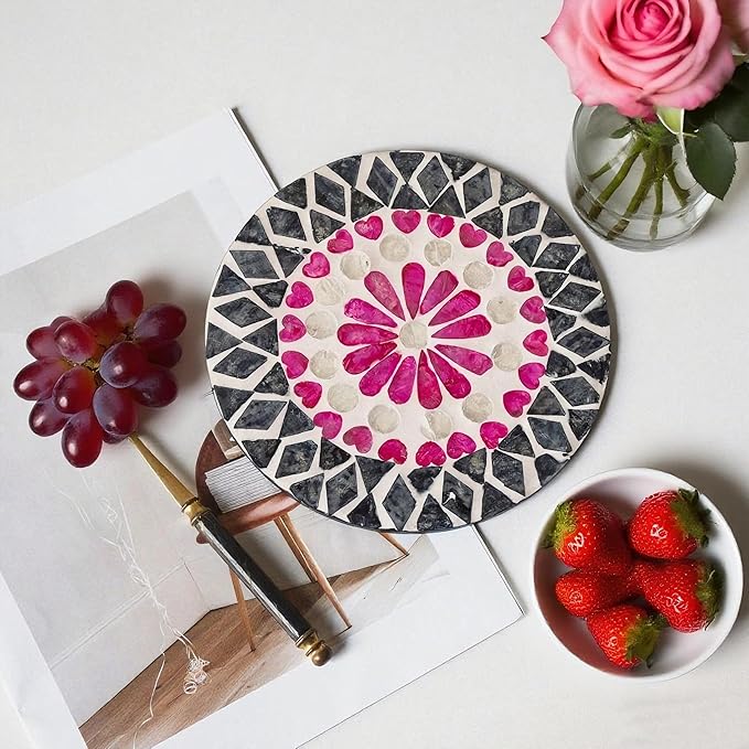 13 Inch Mother of Pearl Shell Placemat Plate – Large Round Decorative Heat for Table or Kitchen, Cabinet, Tabletop (Love Flower, 13 Inch)
