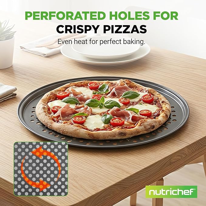 NutriChef 6-Pack13’’ Non-Stick Pizza Pans, Round Pizza Pans for Oven, Commercial-Grade Carbon Steel, Non-Stick Gray Coating, Ideal for Baking Pizza, Cookies and More, Dishwasher Safe