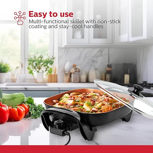 Holstein Housewares 12-Inch Electric Skillet - 1400W Electric Pan with Adjustable Temperature Control, PFOA-Free Non-Stick Coating, Cool-Touch Handles, Multi-Function Cooker, Copper & Black