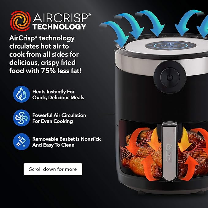 Dash AirCrisp® Pro Digital Air Fryer - Adjustable Temperature Control - Auto Shut-Off Feature & Multiple Presets - Removable Crisper Basket - 3 Quarts - Aqua