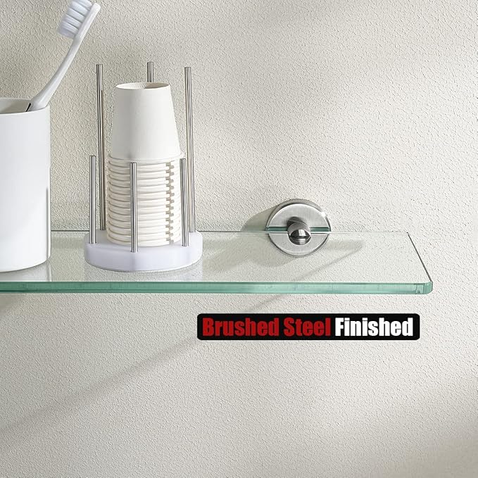JQK Bathroom Glass Shelf, Tempered Glass Shower Storage 14 by 5 inches, 304 Stainless Steel Brushed Finish Wall Mount, TGS101L14-BN