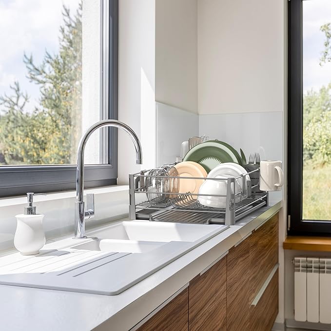 Simple Houseware Dish Drying Rack with Drainboard, Utensil Holder & Mug Hooks, Silver Metal Kitchen Counter Organizer