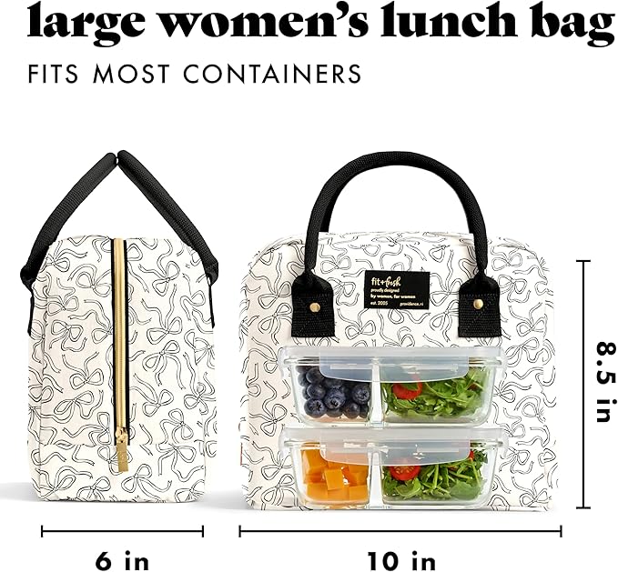 Fit & Fresh Bloomington Lunch Bag for Women - Insulated Large Lunch Box for Work with Containers, Leak-Resistant, Stain-Resistant, Zipper Closure, Black and White Sketched Bows