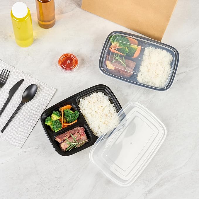 Restaurantware-Asporto 26 Ounce Compartment Take Out Boxes, 50 Microwavable Meal Prep Containers - 3 Compartments, With Clear Plastic Lids, Black Plastic Food Containers, Do Not Contain BPA