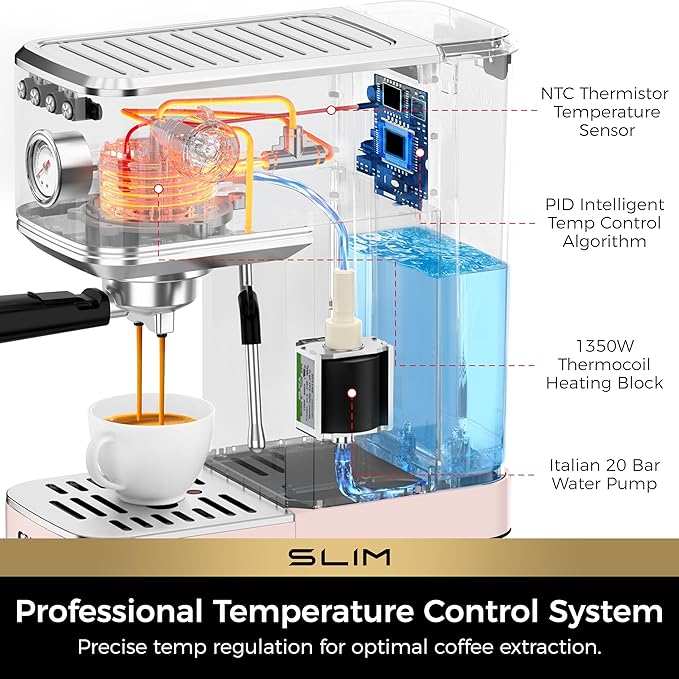 CHULUX Slim Espresso Machine with Milk Frother, 20 Bar Professional Italian Pump Espresso Coffee Machine for Home Cappuccino & Latte Maker, Stainless Steel, Pink