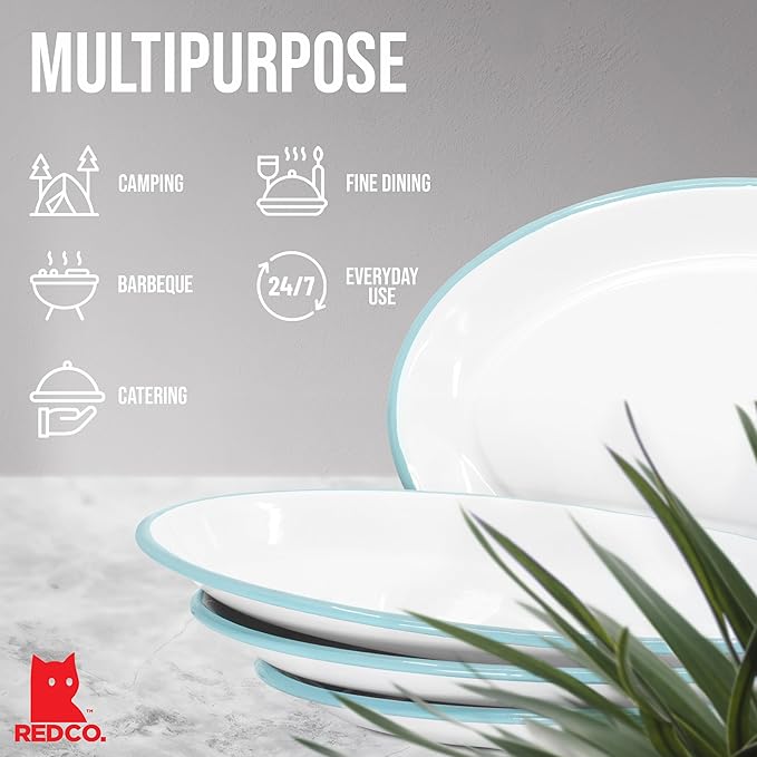 Red Co. Set of 4 Enamelware Metal Classic 13" Serving Oval Tray Platter, Solid White/Teal Rim