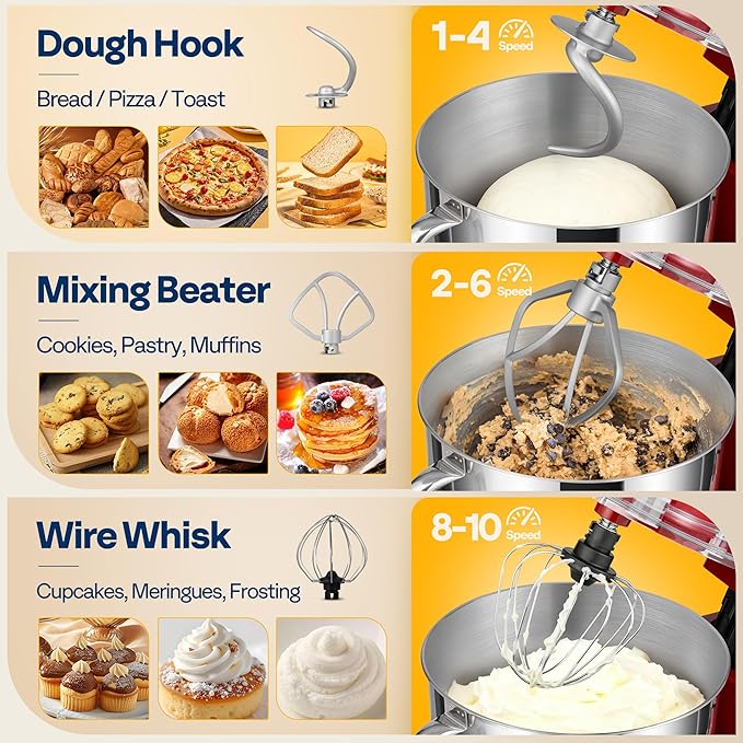 VIVOHOME Stand Mixer, 660W 10 Speed 6 Quart Tilt-Head Kitchen Electric Food Mixer with Beater, Dough Hook, Wire Whip and Egg Separator, Silver