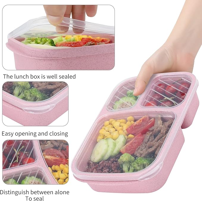 buluker 8 Pack Bento Lunch Box Set 3 Compartment Wheat Straw Meal Prep Food Storage Containers Plastic, Microwave and Dishwasher Safe(light colour)
