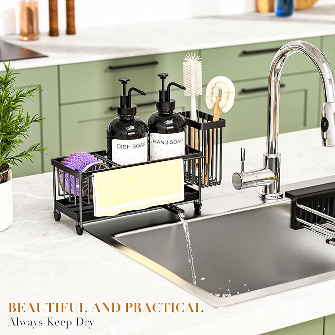 Kitchen Soap Dispenser Set with Sponge Holder and Towel Rack, 17OZ Glass Bottle, Hand and Dish Soap Dispenser Set, Non-Slip Silicone Pad, Brush Holder, Kitchen Sink Caddy Organizer Countertop (Black)