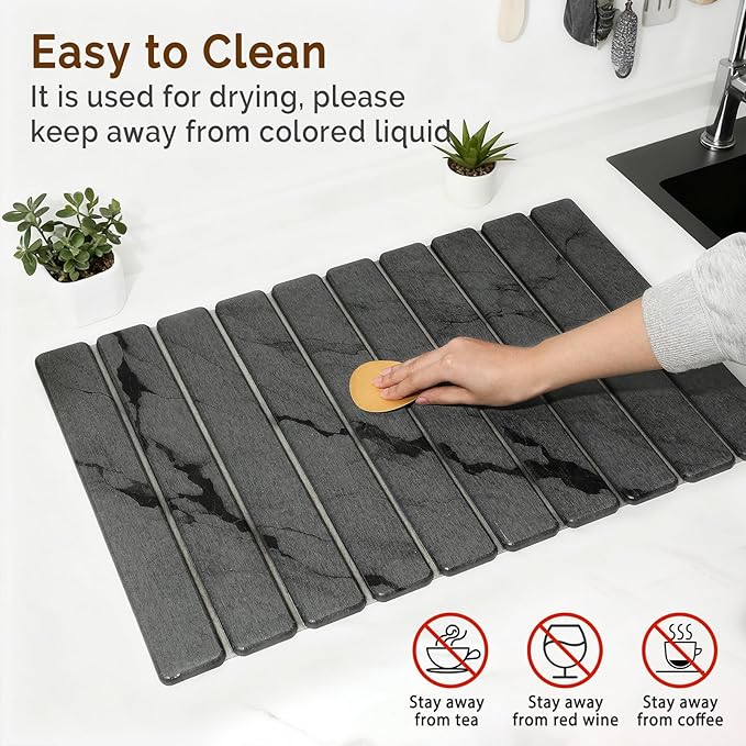 Large Stone Dish Drying Mat for Kitchen Counter, Quick Dry Stone Dishes Mats, Foldable Water Absorbing Diatomaceous Drying Pad for Countertop Bottles Utensils Cups Bathroom (Dark Gray 24"x16")