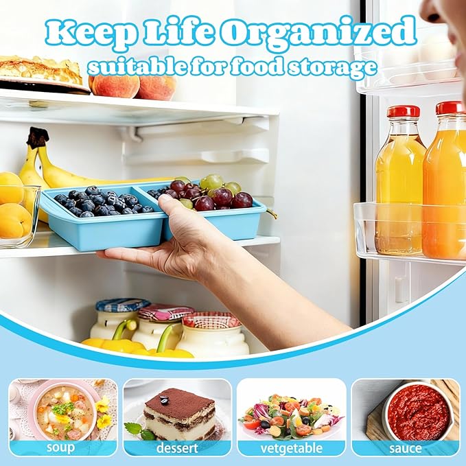 4 Pack Silicone Freezer Trays with Lid, 1/5, 1/2, 1, and 2 Cup Soup Freezer Molds Set Stainless Steel Frame Ice Cube Tray for Meal Prep Freezing Soup Stews Sauces Oven Microwave Safe(Multi)