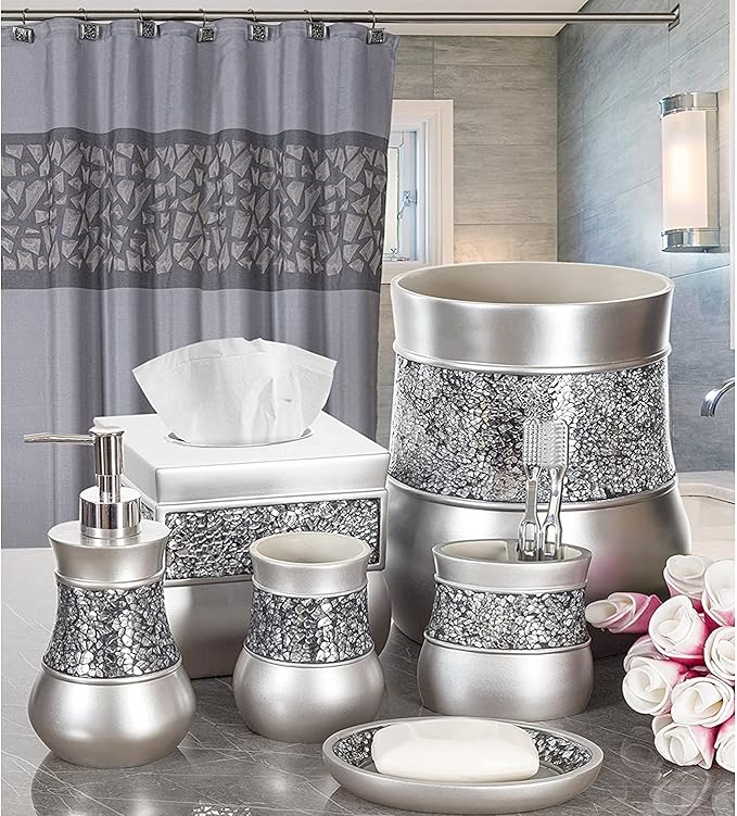 Crackled Glass Silver Toothbrush Holder And Toothpaste Holder For Bathroom - Elegant Crackled Glass Bathroom Toothbrush Organizer - Decorative 2 Slot Family Toothbrush Cup Holds Multiple Toothbrushes