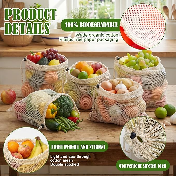 10 Pcs 15 x 12 in Reusable Produce Bags Grocery Washable, Cotton Mesh Produce Bags Plastic Free, Drawstring Closure, Double-stitched Organic Cotton Mesh Grocery Bag for Vegetables Fruit Onions