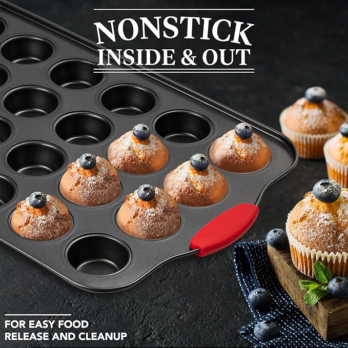 Tiawudi Mini Muffin Pan, 24 Cavity Cupcake Pan, Nonstick Baking Pan, Heavy Duty Small Muffin Tin with Silicone Grip Handles, Set of 2