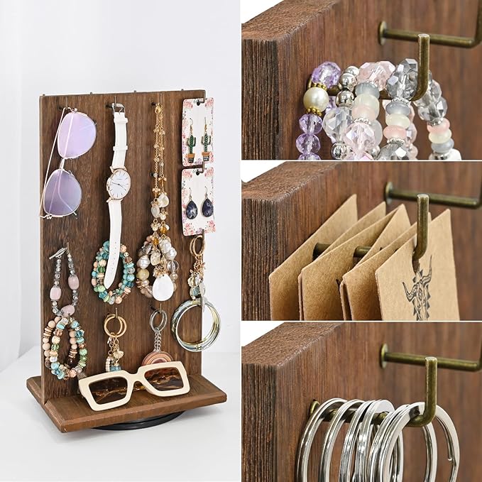 Ikee Design Wooden Rotating Two-Sided Jewelry Display Stand, Rotating Organizer with 32 Long Hooks for Store, Keychain Earring Display, Brown color, 9.1W x 7.5 D x 17.1 H in
