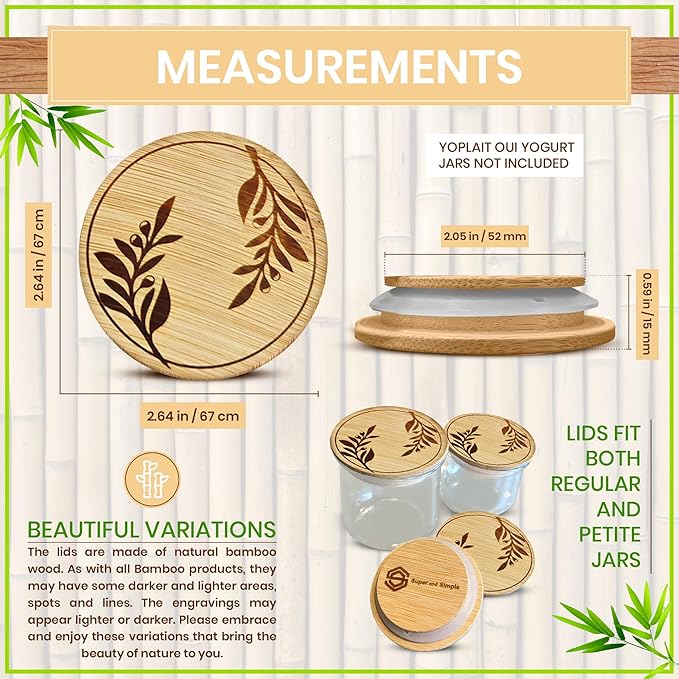 Bamboo Oui Yogurt Jar Lids – Olive Branches Design – 4 Pack | Reusable Airtight Tops for Yoplait Glass Jars | Bamboo Replacement Oui Jar Covers with Silicone Seal | Eco Storage Lids for Yogurt Jars