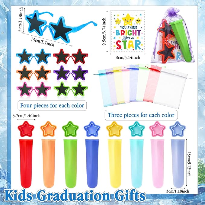 JellyArch 96 Pcs Kids Star Sunglasses Silicone Ice Pop Molds bulk with Inspirational Cards Set Reusable Handheld Ice Pop Yogurt Sticks Summer Party Favor End of the Year Students Gifts from Teacher