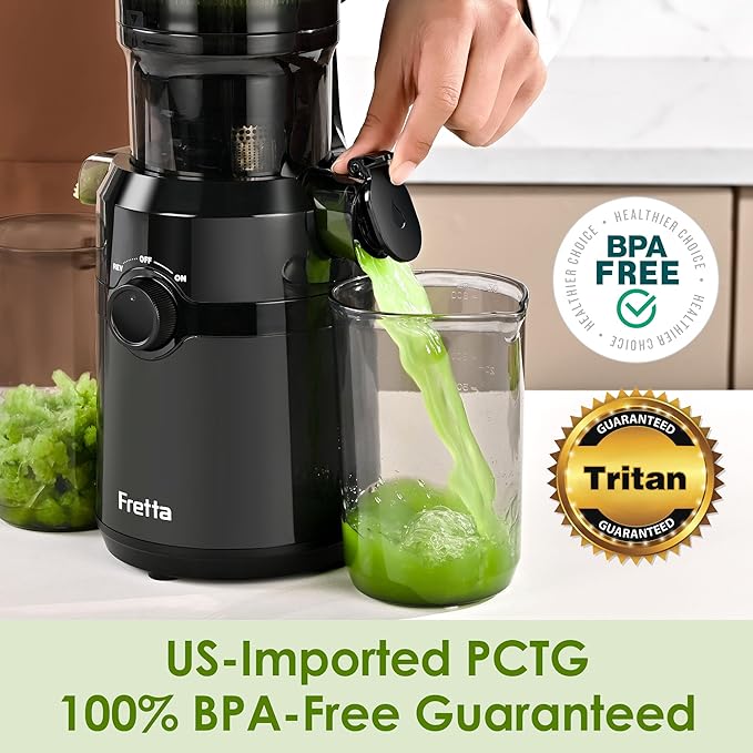 Juicer Machines,Fretta Cold Press Juicer with Large Feed Chute,Fit Whole Fruits & Vegetables,High Juice Yield,BPA-Free,PCTG Material from US (Sky Blue, 1.0 L)