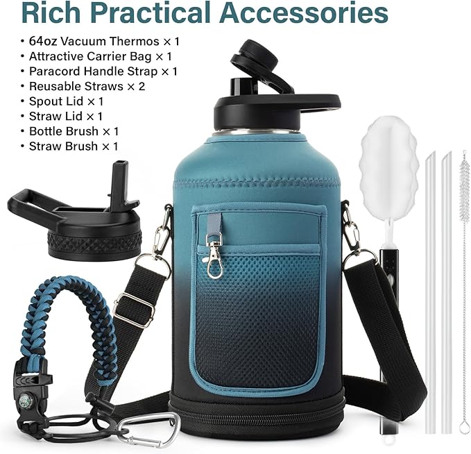 DYSANKY 64 oz Insulated Water Bottle | Thickened Stainless Steel Water Jug for Gym and Hiking with Straw, Carrier Bag, Handle Strap | BPA-Free 64 oz