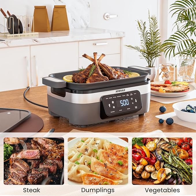 AEWHALE Multifunctional Electric Skillet with Grill|8 Cooking Functions|Removable Non-Stick Plate+Pot+Lid,1500 W Digital Family Size Griddle