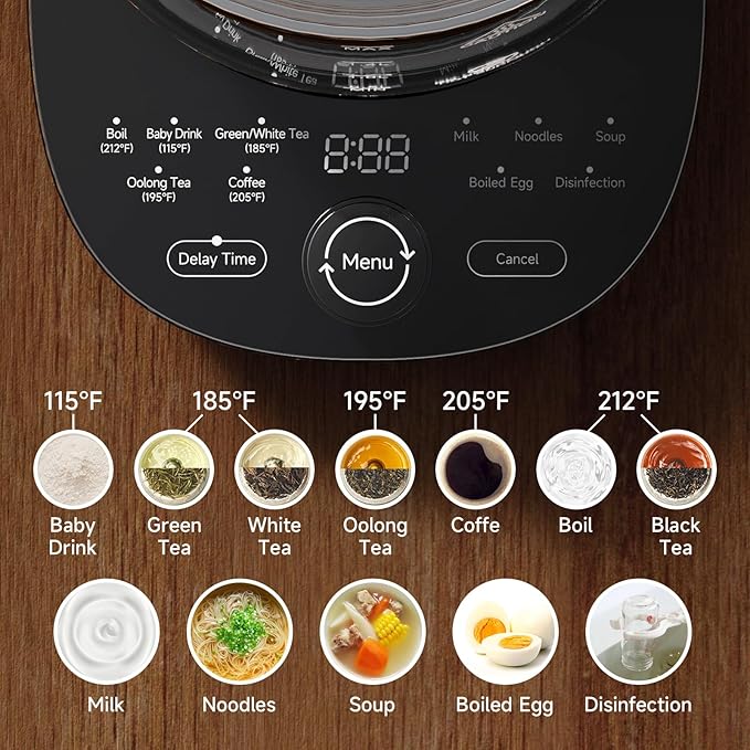 1200w Electric Kettle, 1.5L Borosilicate Glass tea kettle, Hot water kettle electric for Coffee or Tea, BPA Free, Auto Shut-Off, Stainless Steel, Fast Boil, Black