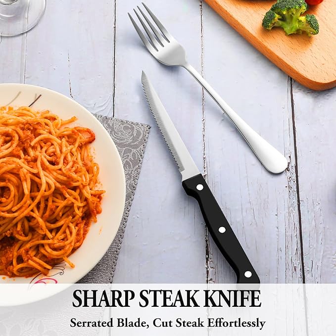 24 Pcs Silverware Set with Steak Knives Service for 4,Stainless Steel Flatware Set,Mirror Polished Cutlery Utensil Sets,Home Kitchen Eating Tableware,Include Fork Knife Spoon,Dishwasher Safe