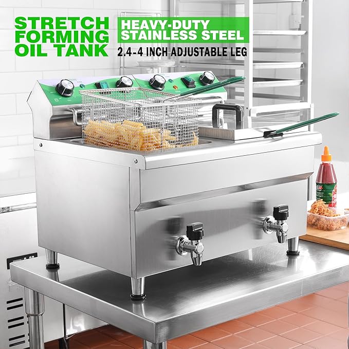 NUPANT 24L/25.4QT Commercial Deep Fryer with 2 Baskets and Lids, 110V Electric Fryer with Oil Filtration and Timer, Stainless Steel Large Double Tank Fryer Countertop Deep Fryer for Restaurant 3500W