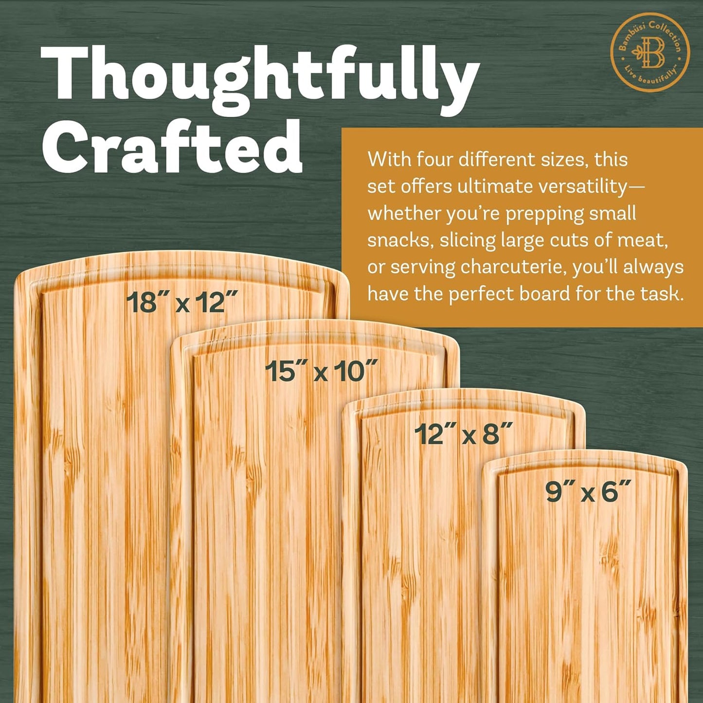 Wood Cutting Board - 4 Piece Bamboo Cutting Board Set, Wooden Cutting Boards for Kitchen with Deep Juice Groove, Side Handles - Chopping Boards for Meat, Vegetables, Charcuterie - Kitchen Gift Set