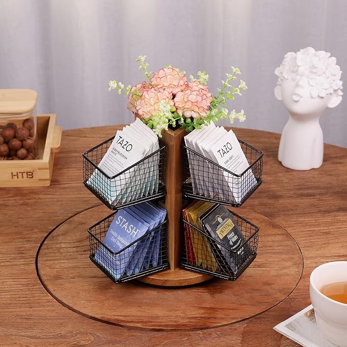 HTB Carousel Tea Bag Organizer for Counter, 2 Tier Tea Bag Holder with 6 Removable Tea Baskets and Acacia Wood Station, Tea Organizers and Storage for Cabinet, Countertop