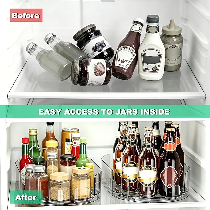 Lazy Susan 360°Rotating Organizer for Refrigerator,13.5“ x 8.5”,Drink Organizer for Fridge,Cabinet, Pantry,or Kitchen Countertop,Organize Condiments, Cans, Beverages,Clear+White,1 Pack