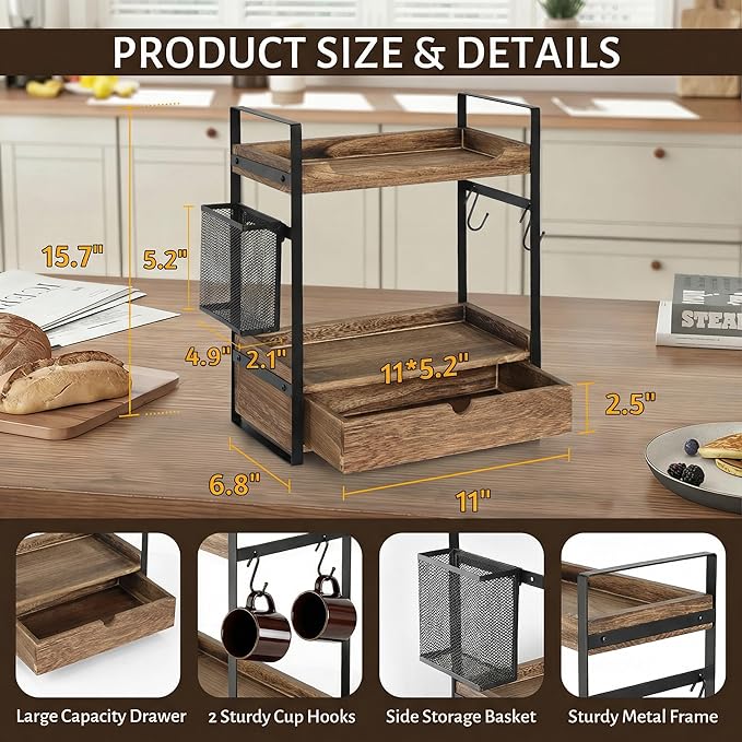 Coffee Station Organizer Countertop, Wooden Coffee Bar Accessories Organizer with Basket, 2 Mug Holder Hooks and Pod Drawer, Multifunctional 2 Tier Countertop Organizer for Kitchen, Bathroom, Office