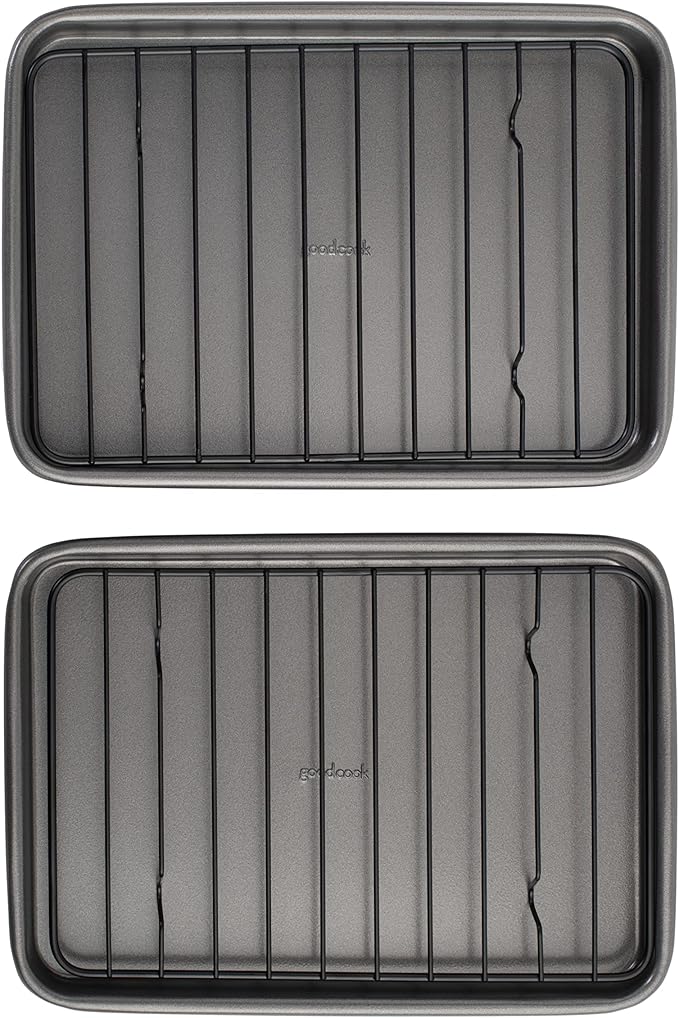 GoodCook Set of 2 Nonstick Steel 9" x 6" Toaster Oven Mini Baking Sheets with Racks, Gray