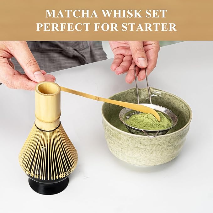Matcha Whisk Set, Matcha Making Kit Whisk (Chasen Holder), Ceramic Whisk Holder (Black), Bamboo Scoop, Powder Starter Sifter, Spoon Japanese Tea Tools For Ceremony Gift
